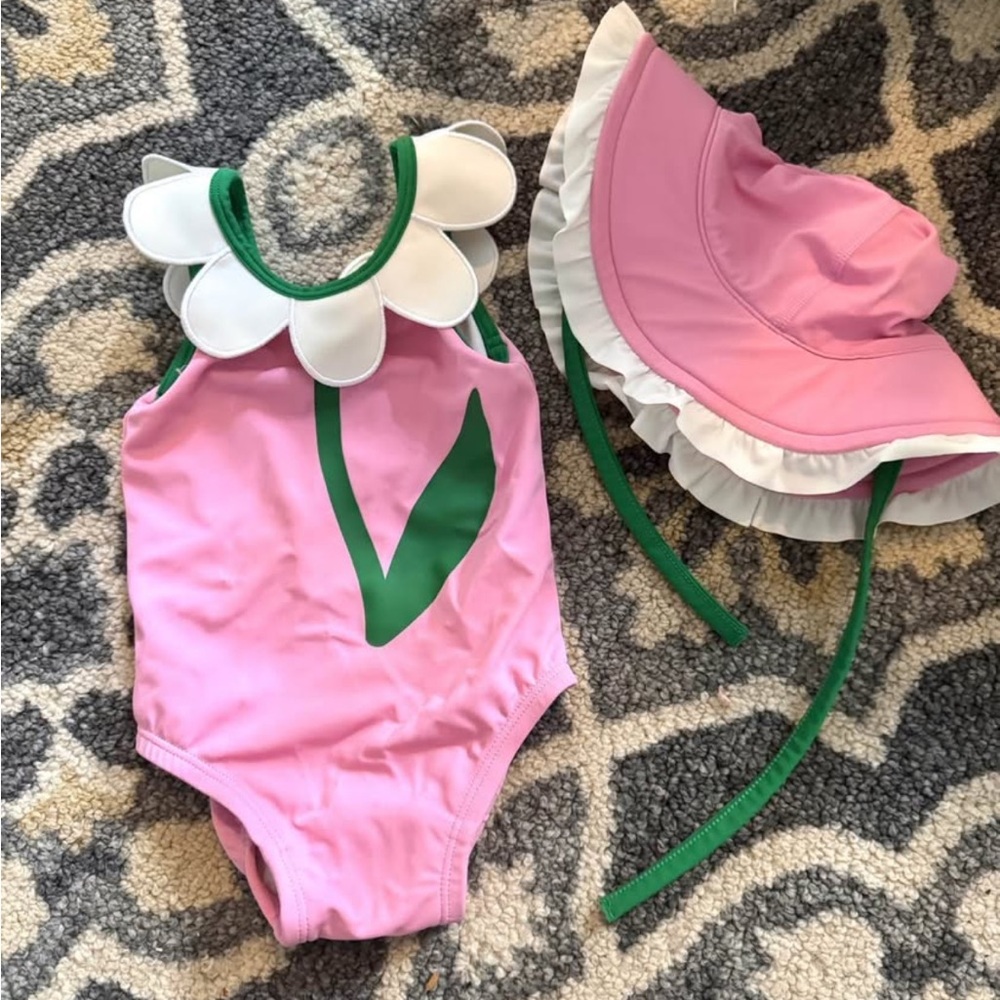 Hanna Andersson Pink and Green Swimsuit with White Petal Trim